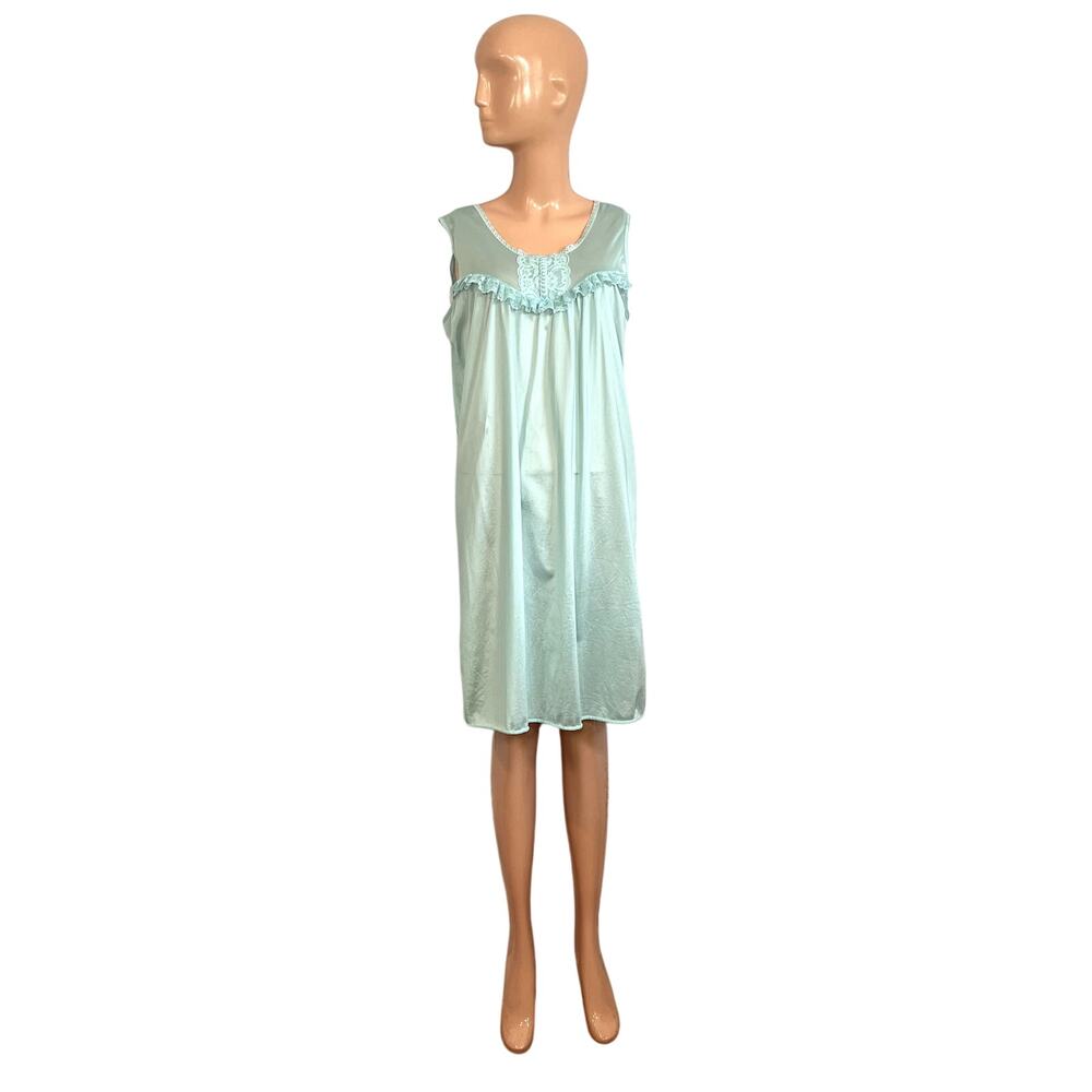 VTG 60s Handmade Blue Nylon Lace Trim Pleated Nightgown M Coquette Cottagecore - Picture 17 of 17